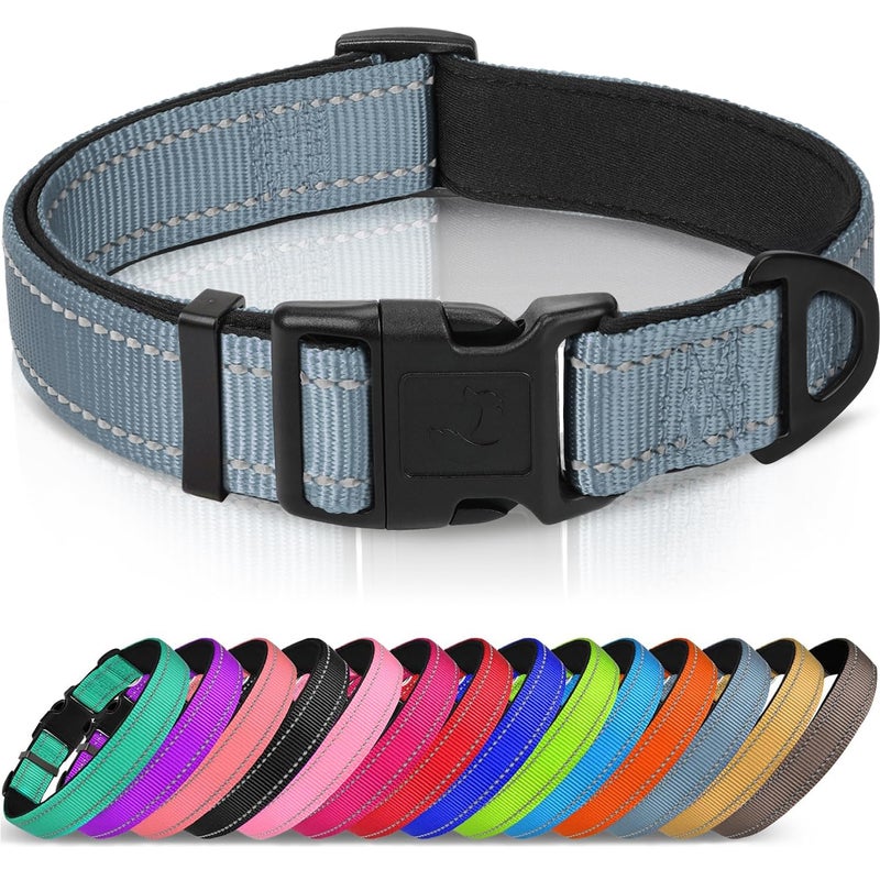 Joytale Reflective Dog Collar, Soft Neoprene Padded, Metal D-Ring, Nylon Pet Collar Adjustable for Large Dogs, Gray, L - Image 1